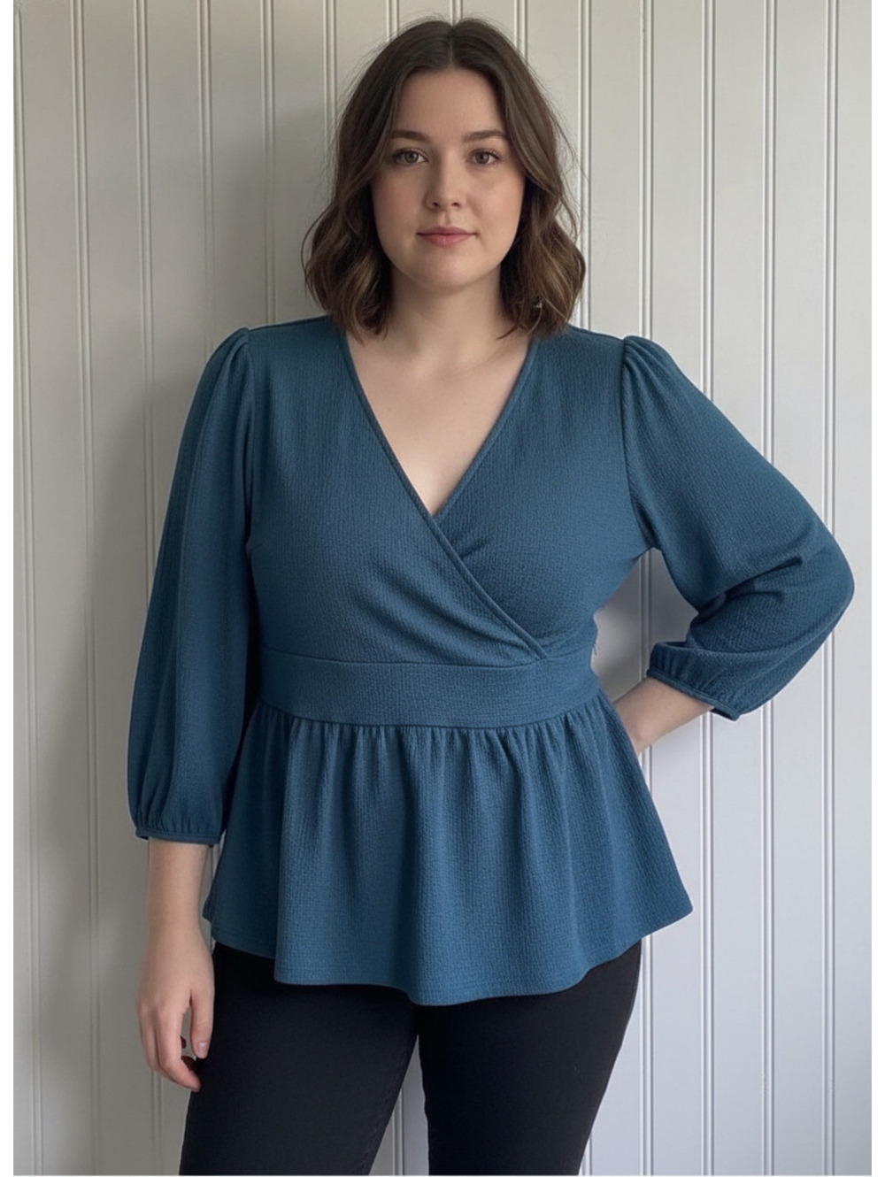 Ann Taylor Teal Long Sleeve Peplum V-Neck Shirt